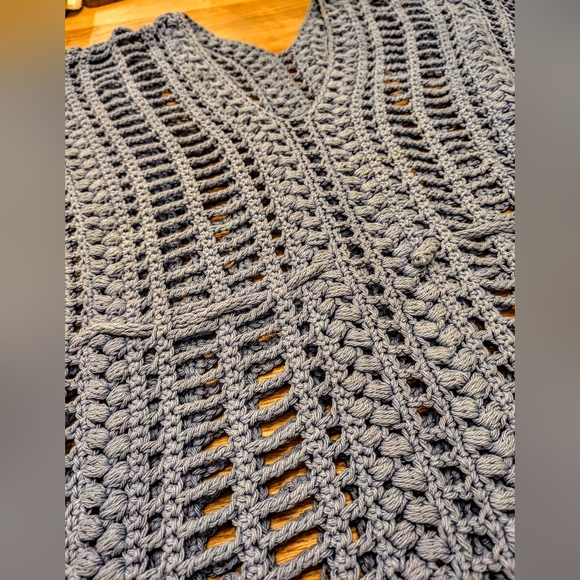 Hand Crafted Blue Cotton Crochet Beach Swimwear Coverup, Size M/L - Picture 4 of 6